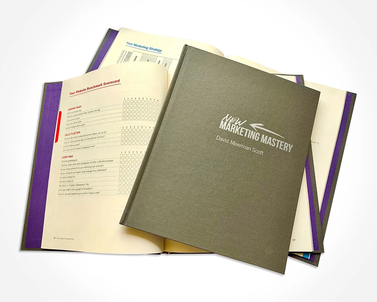 The materials that I designed to accompany David Meerman Scott's online course, ' New Marketing Mastery ,' is an excellent example of non-disruptive communications. The gridded and informationally-leveled layouts allow the reader to ingest information without disruption easily.