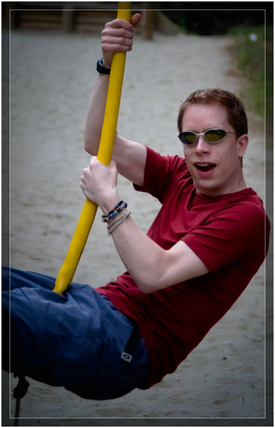 Dustin Main riding a zipline in Okains Bay, New Zealand