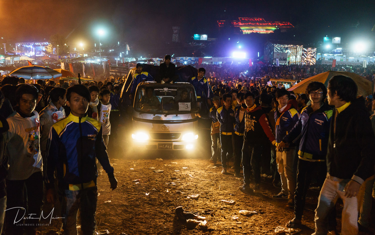  The crew drives onto the festival grounds just outside of Taunggyi.  © Dustin Main 2016 