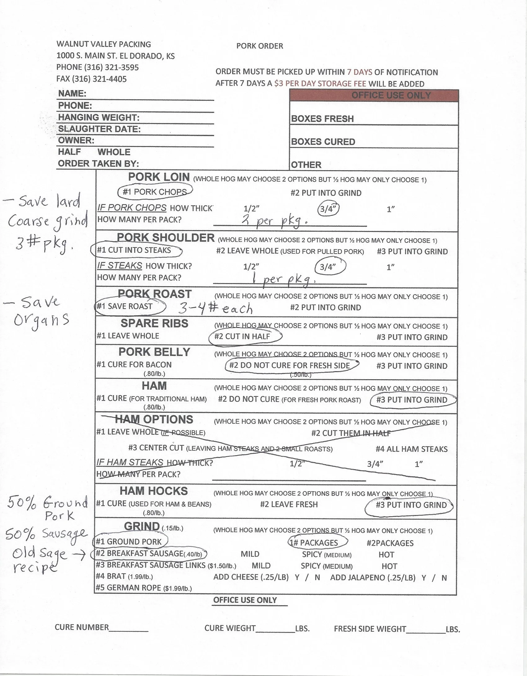 Above is an example of a cut sheet that I would fill out if I wanted no cured meats. Uncured meat is referred to as “fresh”. So for example, Fresh Side is just uncured bacon. Fresh Ham is just an uncured roast .