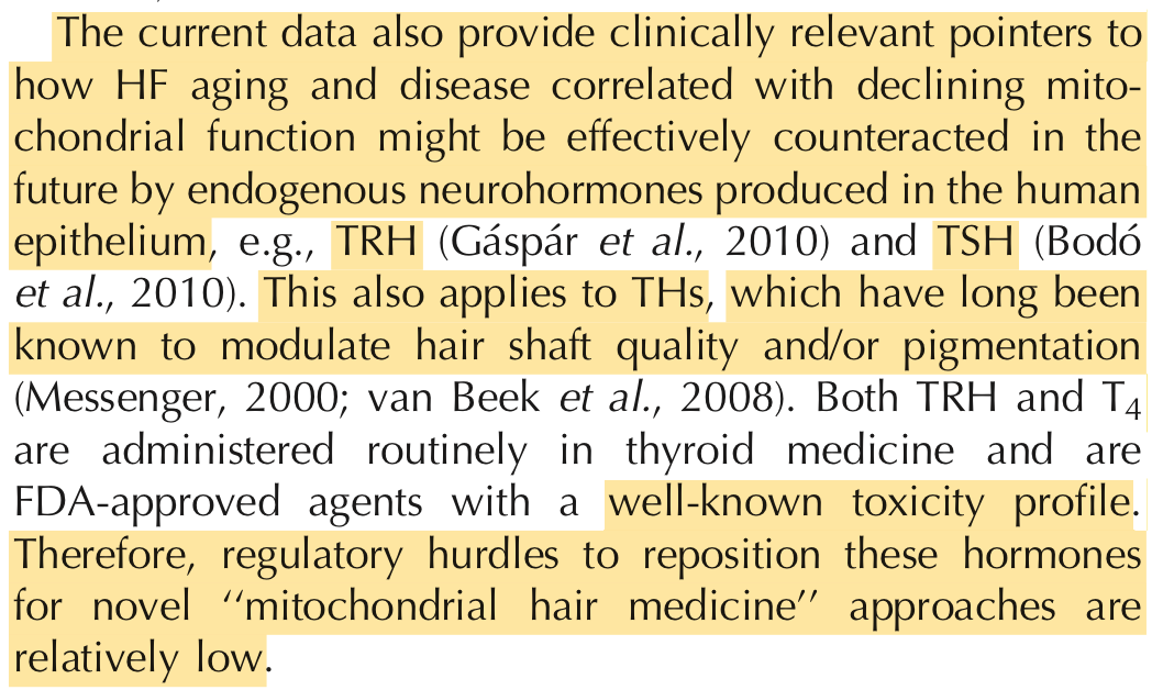 Vidali, S., et al. Hypothalamic-Pituitary-Thyroid Axis Hormones Stimulate Mitochondrial Function and Biogenesis in Human Hair Follicles. J Invest Dermatol. 2013 Jun 27.