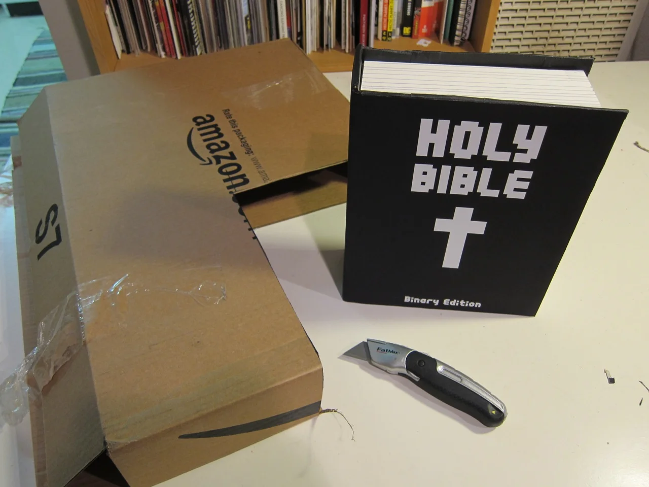 ROBOPRIEST's Bible, constructed mostly from an Amazon.com box.