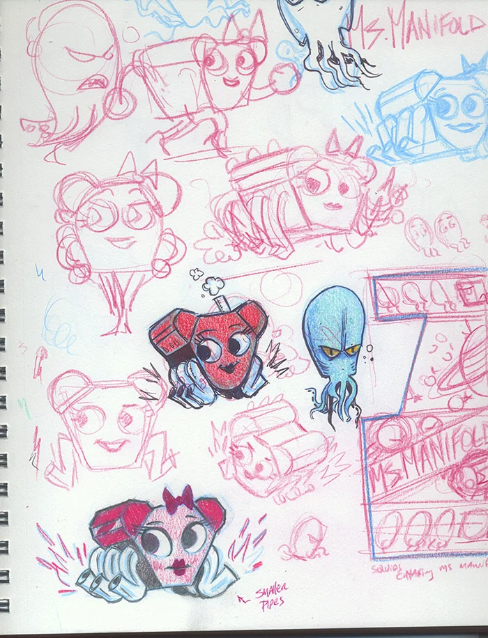Initial concept sketches for "Ms. Manifold"