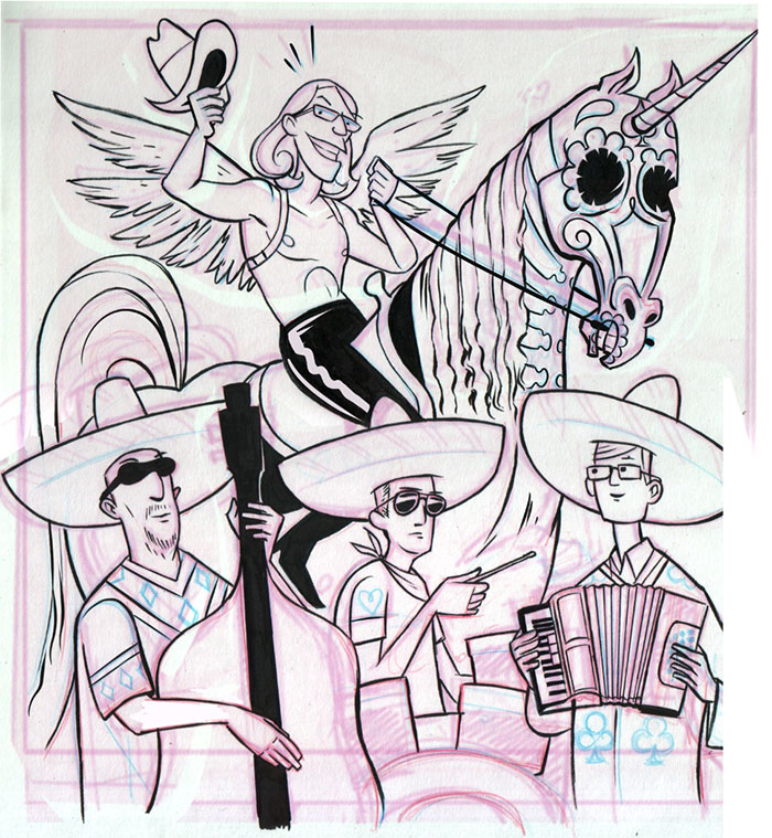 Inks with pencil under-drawing.