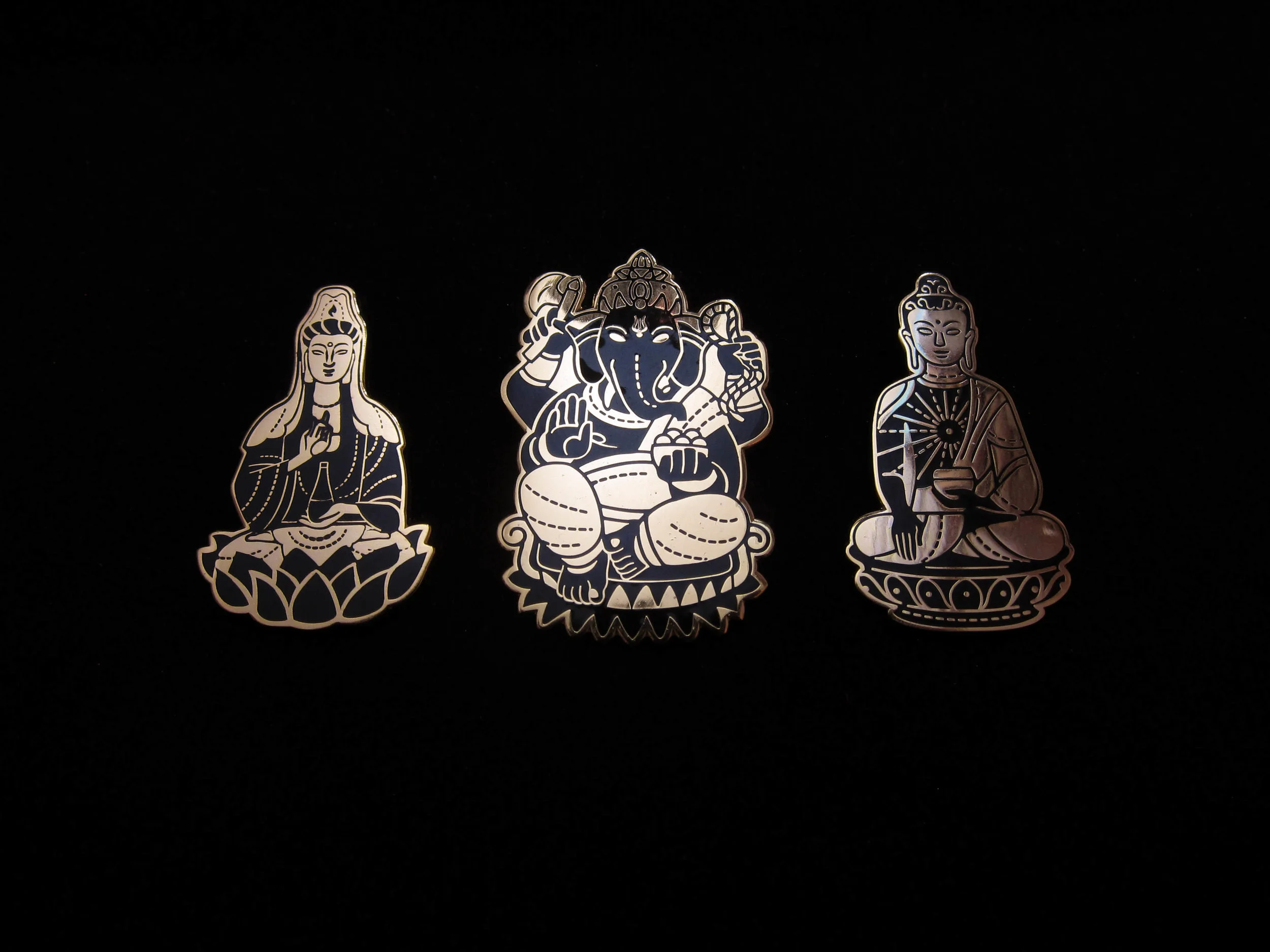 Quan Yin, Ganesh, and Shakyamuni Buddha Pins