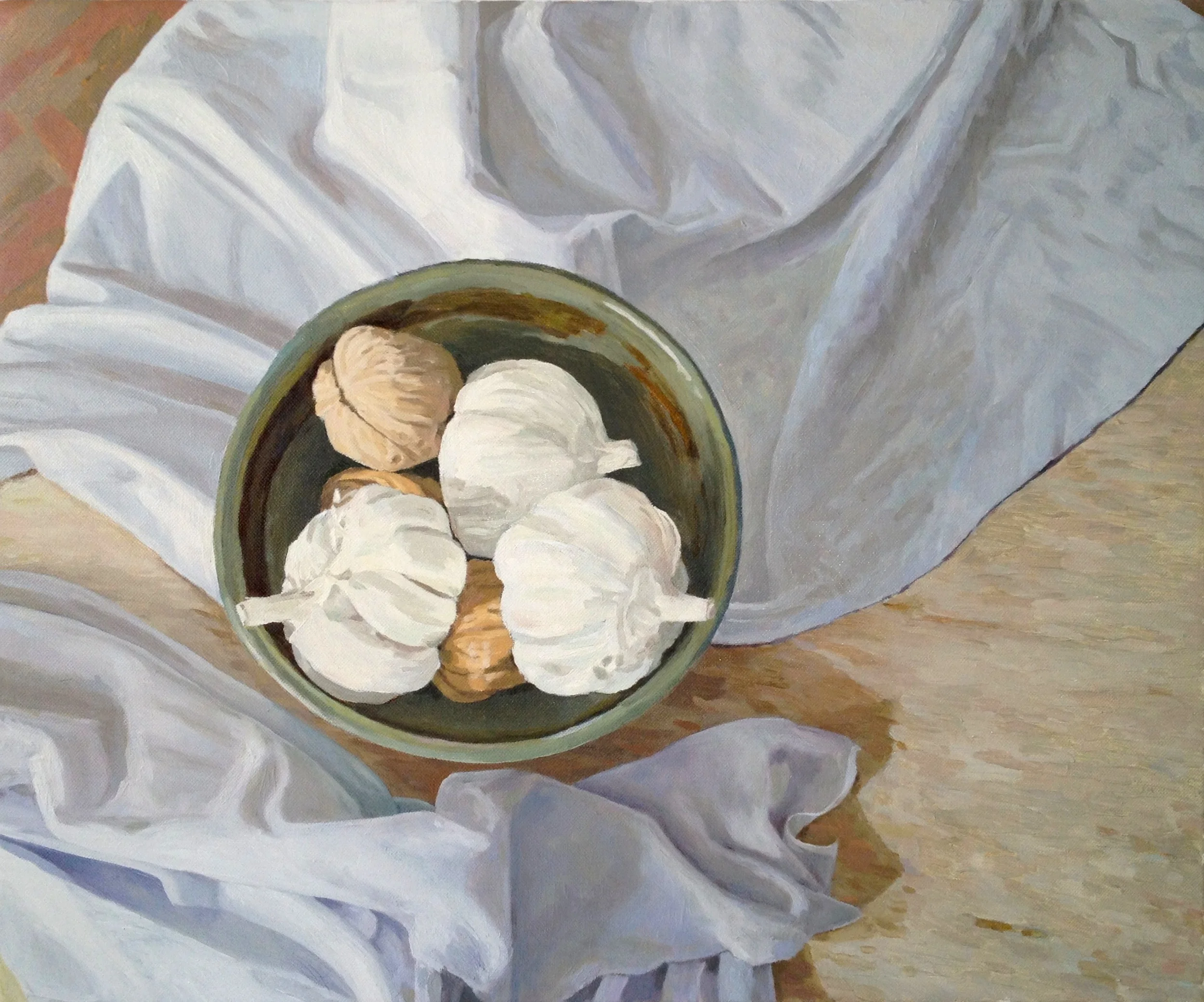 Still Life with Garlic and Walnuts, 2013 Oil on canvas, 20 x 26 inches $1350 + HST. Custom milled reveal frame, gray stained hard maple.