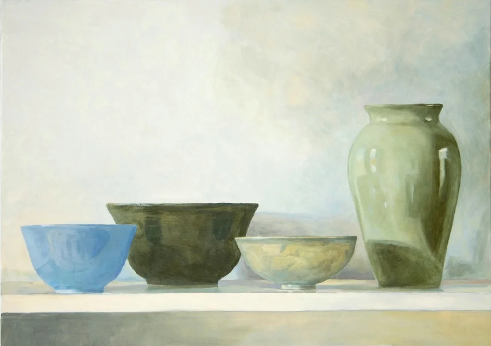Still with with Green Vase, 2012 Oil on canvas, 24 x 30 inches $1400 + HST. Custom milled reveal frame, warm gray stained hard maple