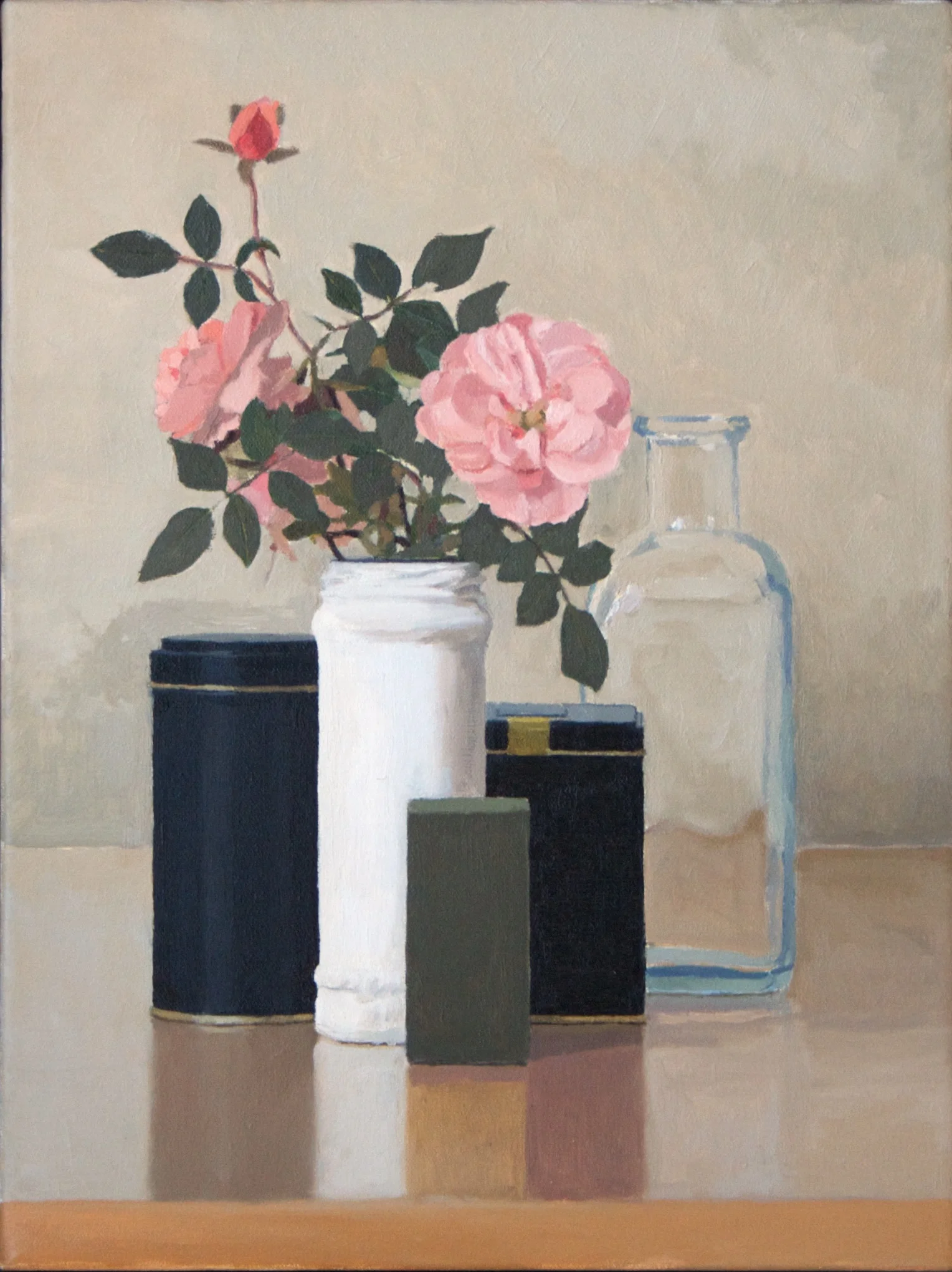 Black, White, Rose, 2013 Oil on canvas, 16 x 12 inches $850 + HST. Contemporary steel reveal frame, silver-gold, 2 inch height , 1/4 inch width