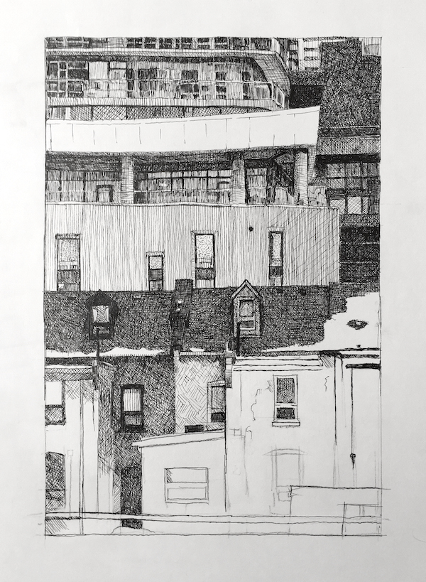 Remembering Albert Franck, 2015 Ink over graphite on paper, (in progress), 14 x 11 inches 