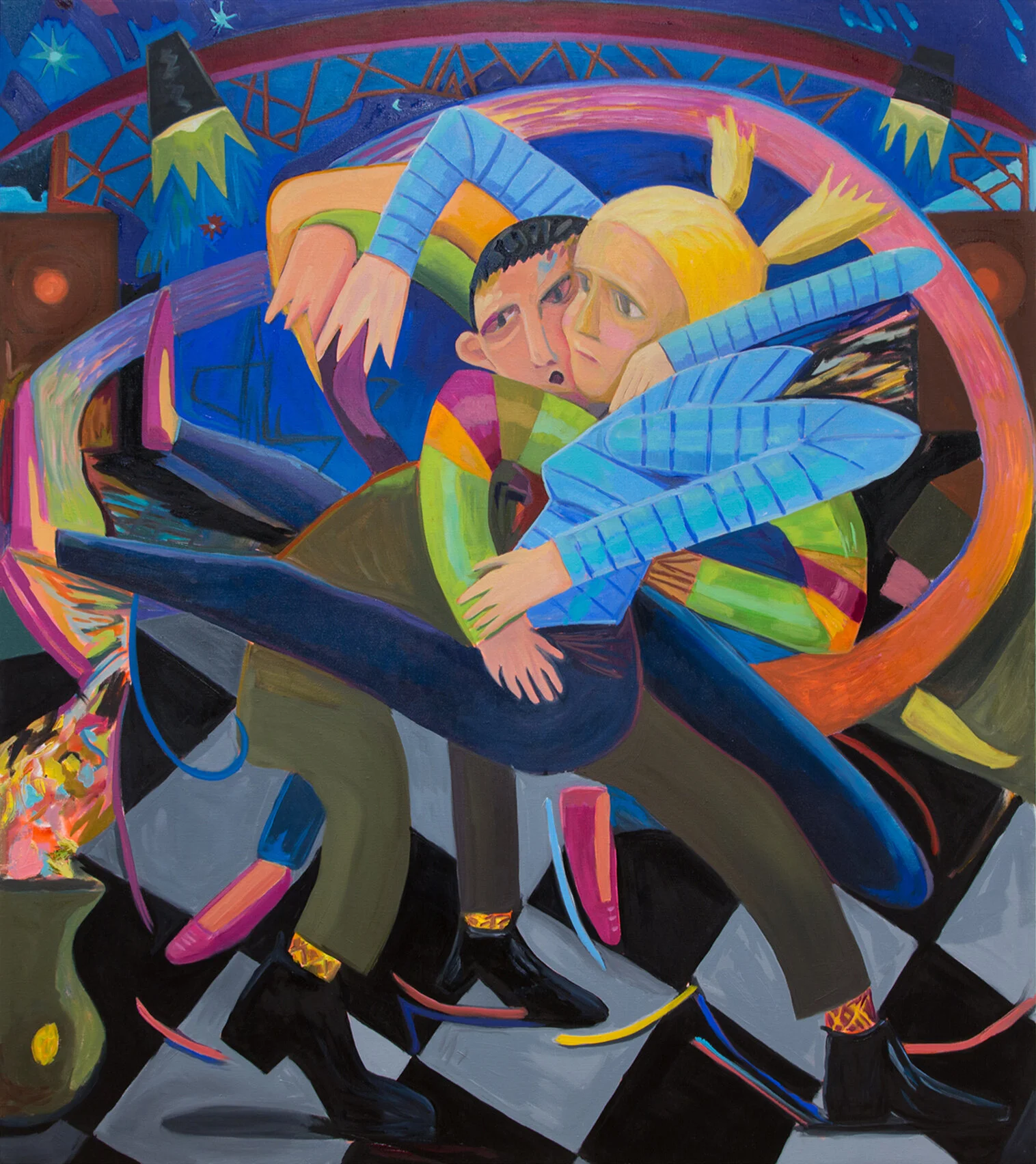 Learning to Dance, 2019 Oil on linen, 54 x 48 inches Two people, one of high anxiety, the other curious and open, meet to dance for the first time under a bandshell. Arms and legs swirl about in ineptitude and clumsiness. An allegory about the beginnings of new love, the painting also features a checkerboard floor referring to the rectangular grid of the canvas, inferring that painting too is a kind of awkward dance. $4000