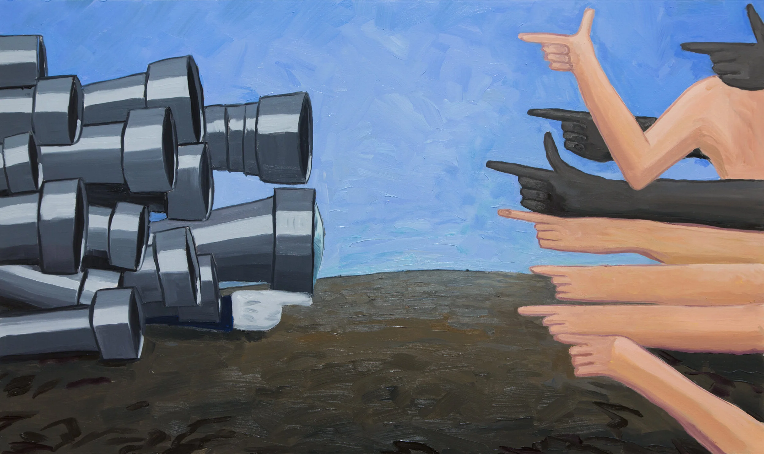 Pointing Fingers, 2018 Oil on canvas, 24 x 36 inches A phalanx of camera lens, point at hands pointing back. Observation meets accusation. $1400