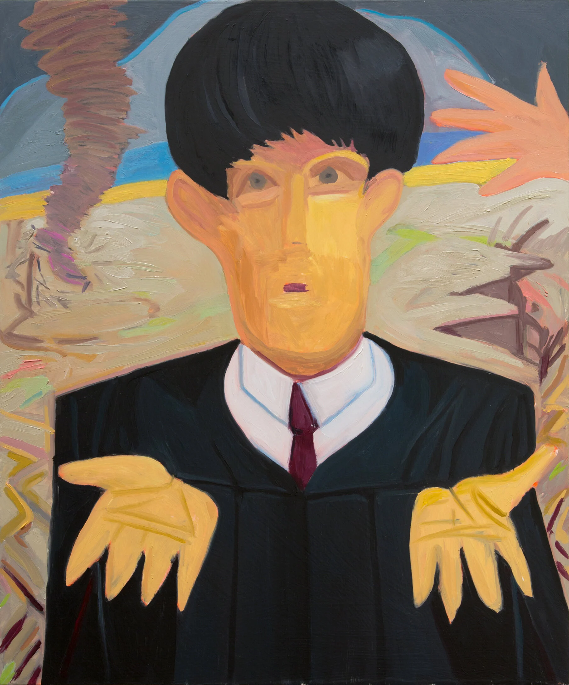 Judge Shrug, (Help!), 2019 Oil on wood, 25.5 x 21.5 inches On a fictional plain undergoing catastrophe, a beatle-esque figure in judge’s robes raises open hands, feigning blamelessness. A tiny mouth offers no further clarity or opinion. $800