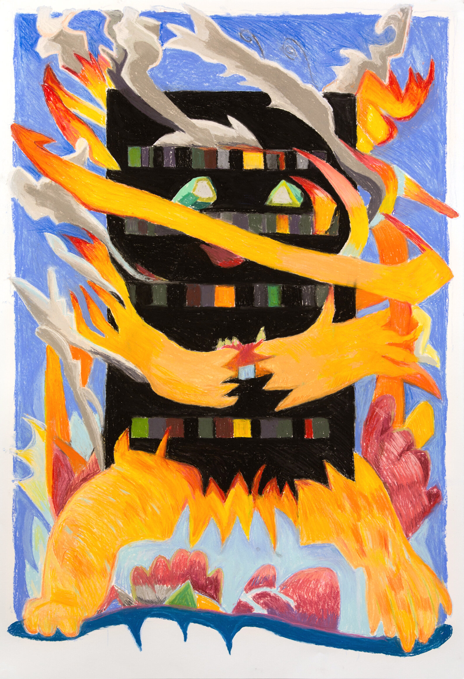  Apartment Arsonist, 2019 Chalk pastel on cotton rag paper, 44 x 30.5 inches Inspired by the horrific and tragic 2017 Grenfell tower fire in London, this work features a figure with limbs of fire and a body of a blackened apartment building, surround