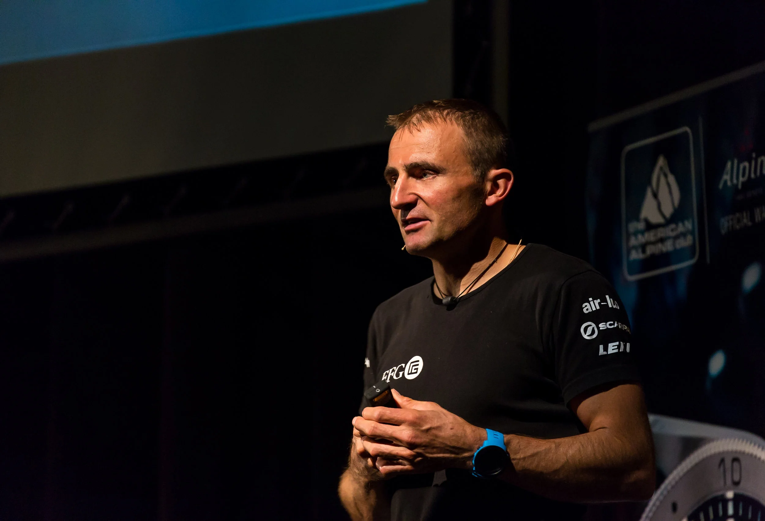 Ueli Steck speaking on the 2016 American Alpine Club's National Athlete Tour, presented by Alpina Watches. PC: Craig Hoffman
