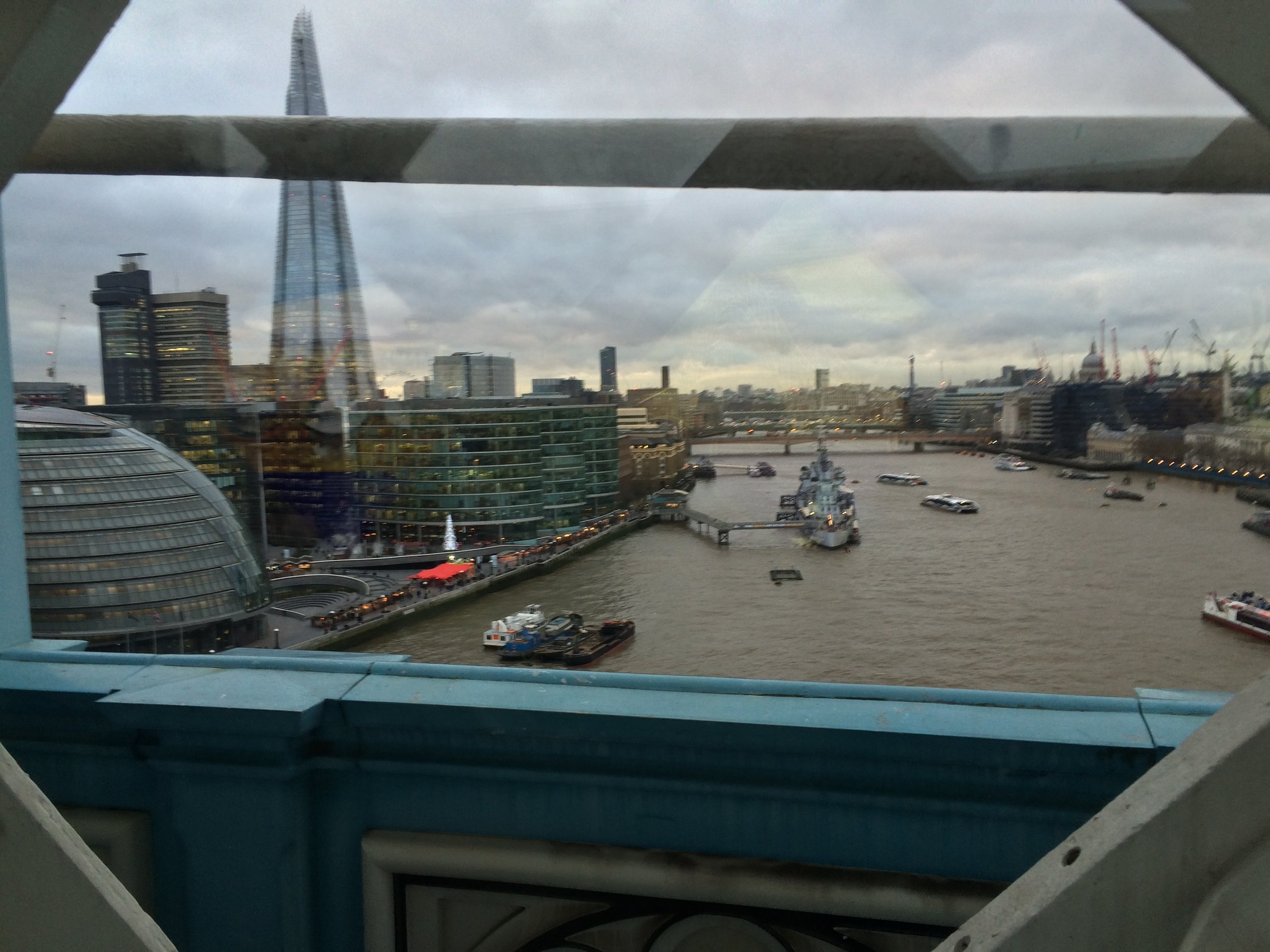 From the upper walkways of the Tower Bridge, one has great views of London, no matter the weather.