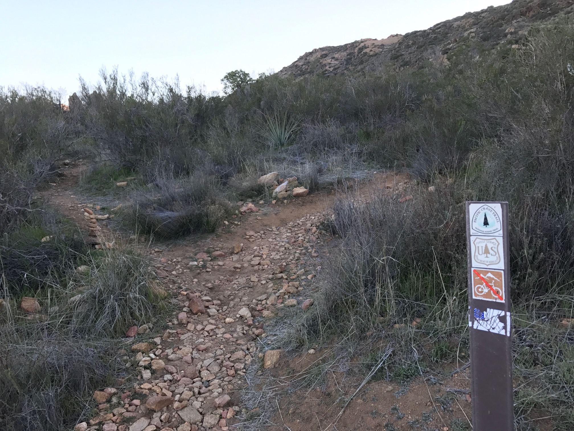 Junction to Kitchen Creek Falls. The PCT curves to the right, the junction is on the left with a small cairn. Not pictured; another PCT post some ten feet further up the trail on the right.