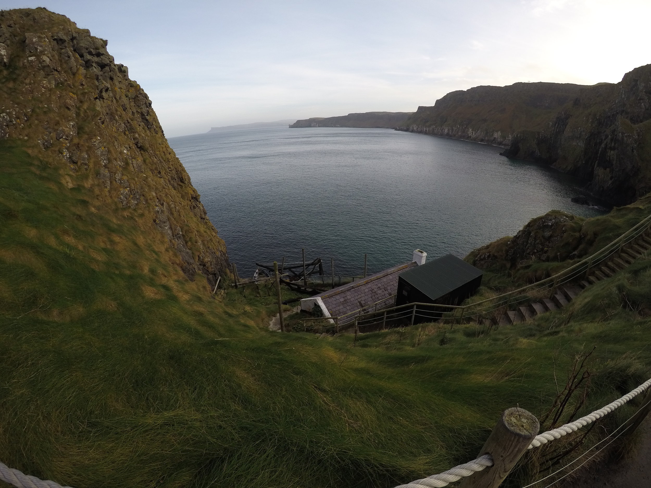 The bridge leads to Carrick-A-Rede Island, which has the remains of the fishery where the bridge once led.