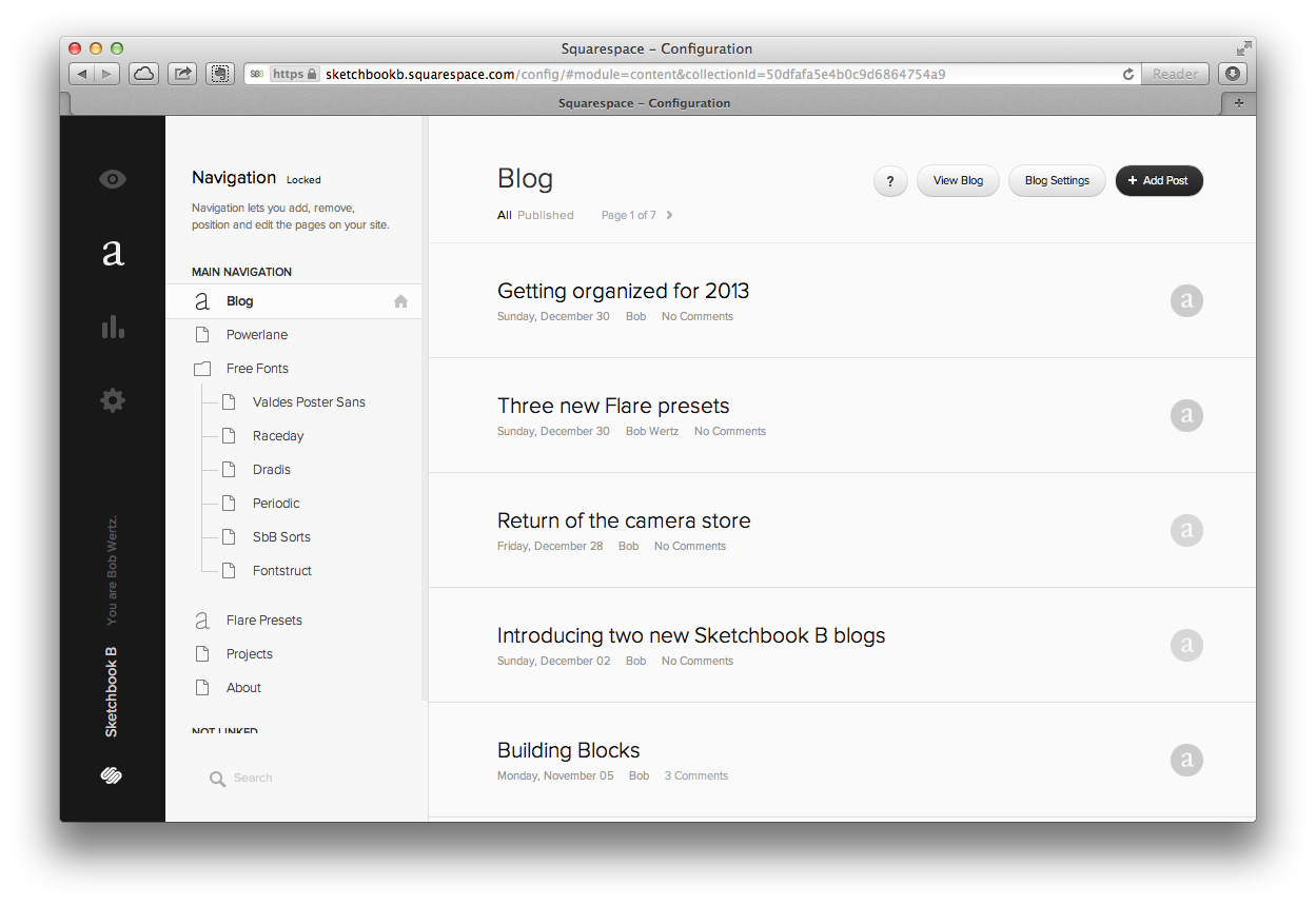 The interface for making changes to the navigation, adding blog posts, gallery items, etc.
