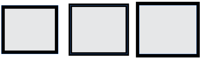 These three boxes are the same size. Only the alignment of the stroke varies. From left to right: Inside, Centered, Outside.