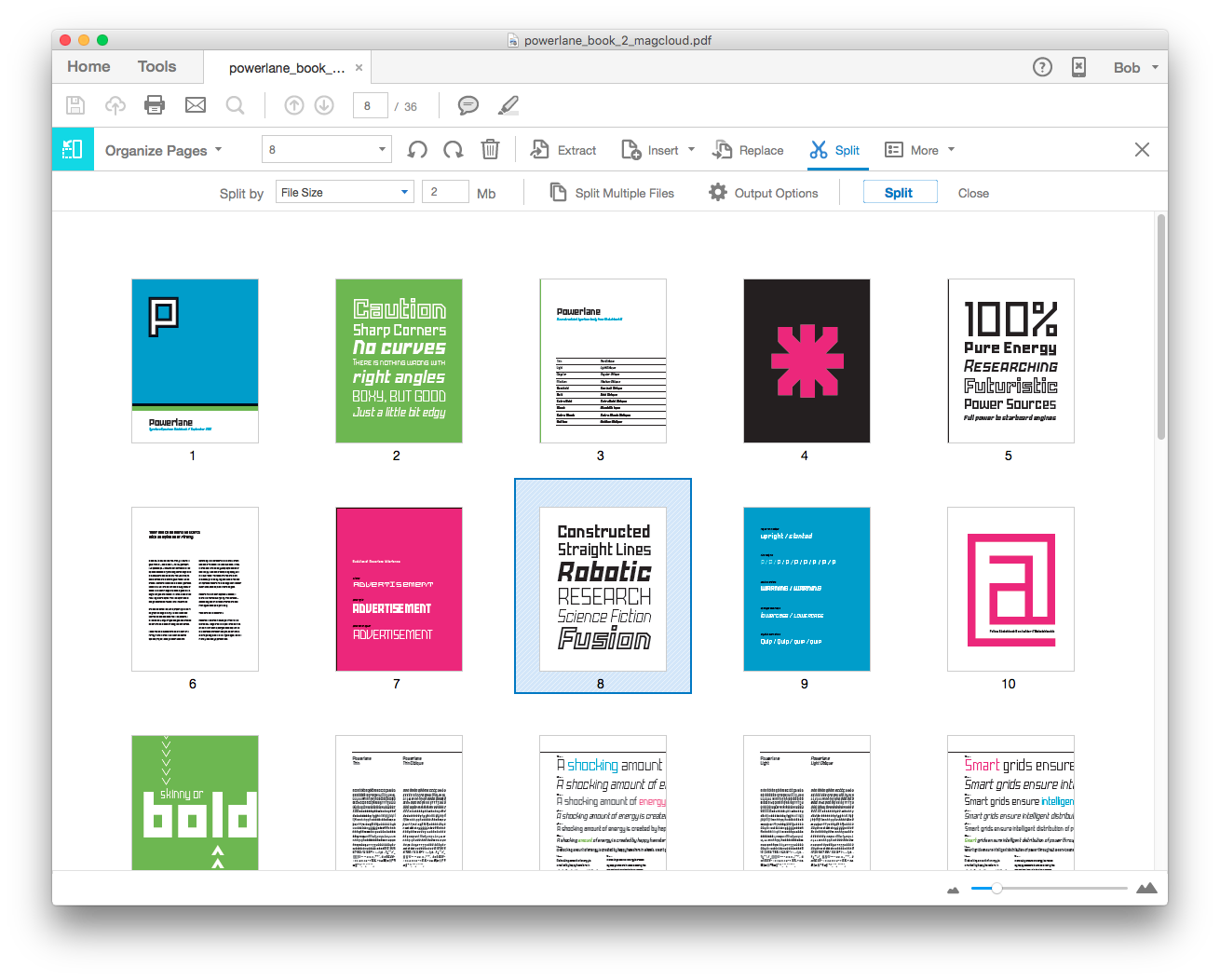The toolbar for "Organize Pages" has the "Split" command.