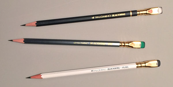 From top to bottom: Blackwing, Blackwing 602 with a green eraser And Blackwing Pearl