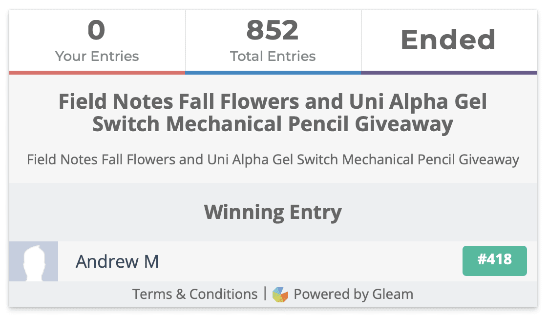 Field Notes Fall Flowers and Uni Alpha Gel Switch Mechanical Pencil Giveaway Winner