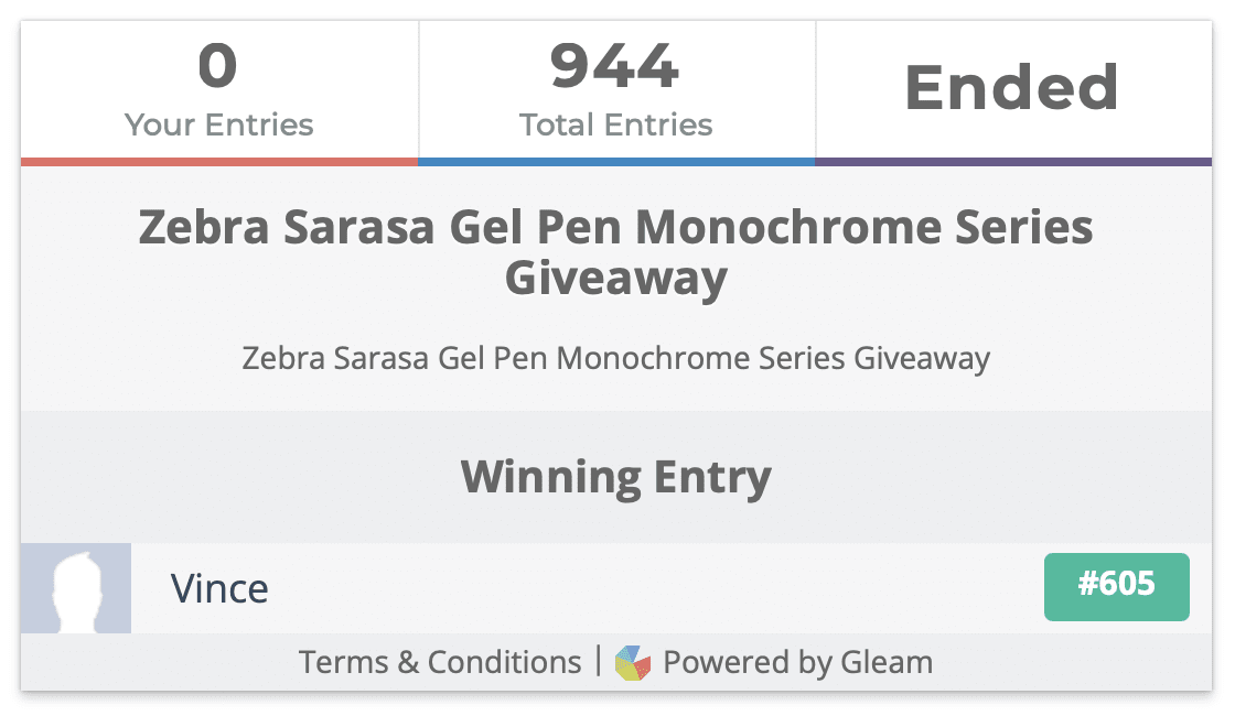 Zebra Sarasa Gel Pen Monochrome Series Giveaway Winner
