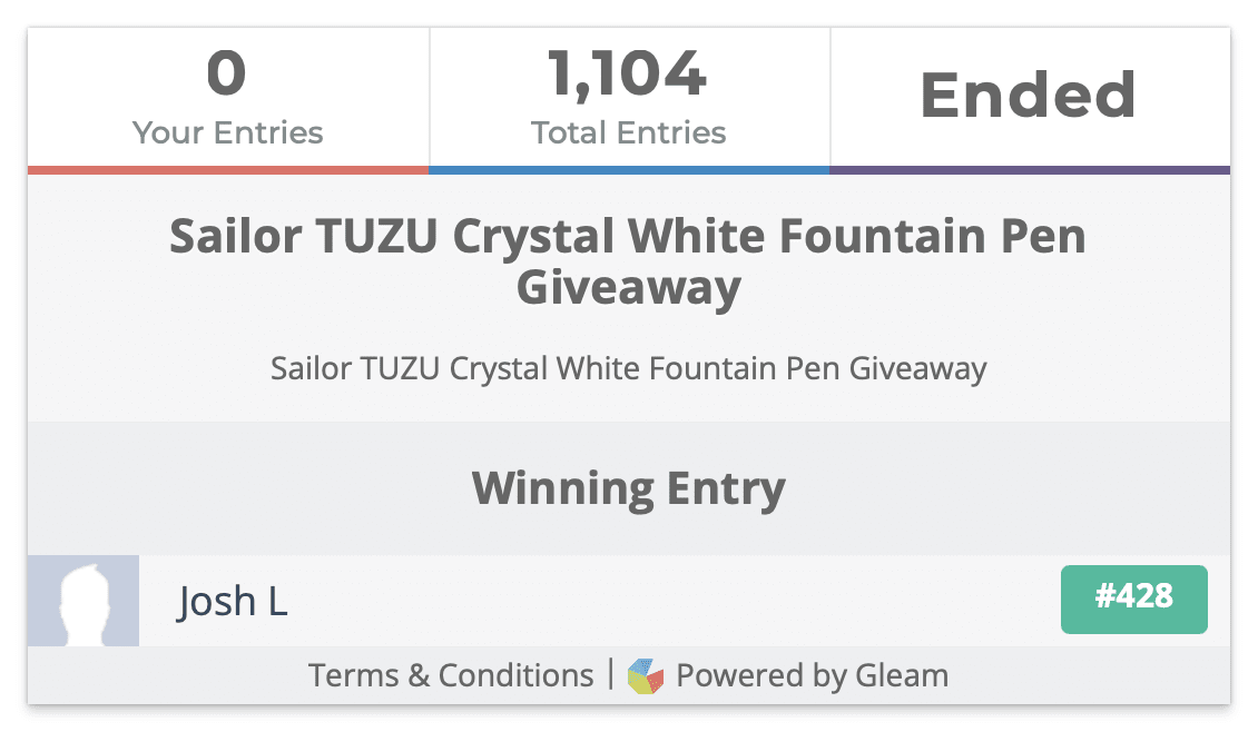 Sailor TUZU Crystal White Fountain Pen Giveaway Winner