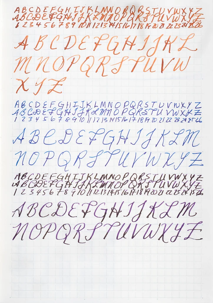 Top: Wahl-Eversharp Decoband with Kyo-Iro Moonlight ink, Middle: Pilot Custom 92 with Iroshizuku Shin-Kai ink; Bottom: Conid Minimalistica with Diamine Purple Pazzazz