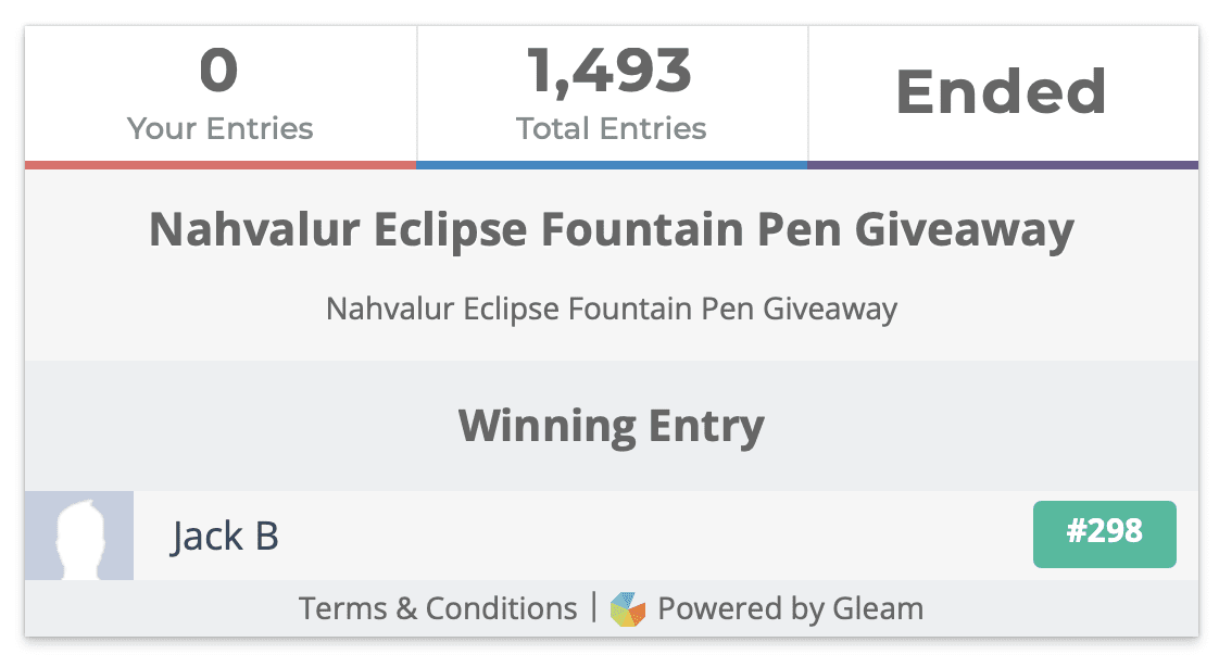 Nahvalur Eclipse Fountain Pen Giveaway Winner