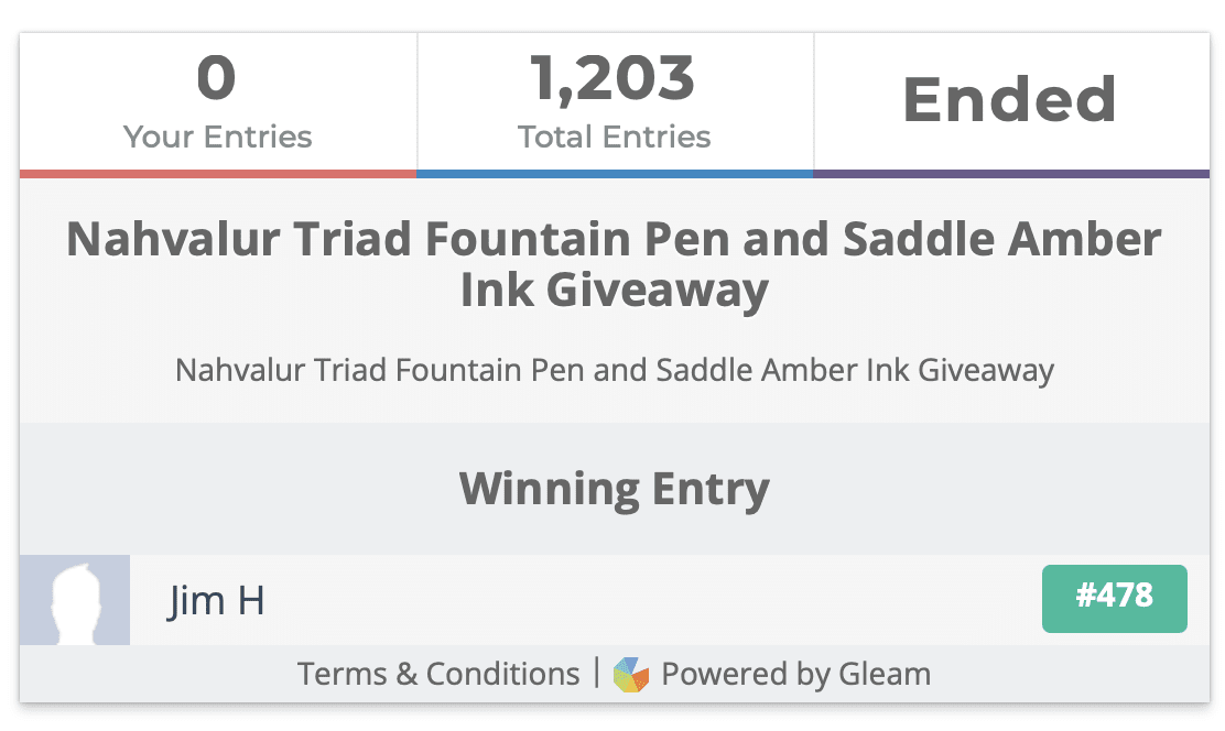 Nahvalur Triad Fountain Pen and Saddle Amber Ink Giveaway Winner