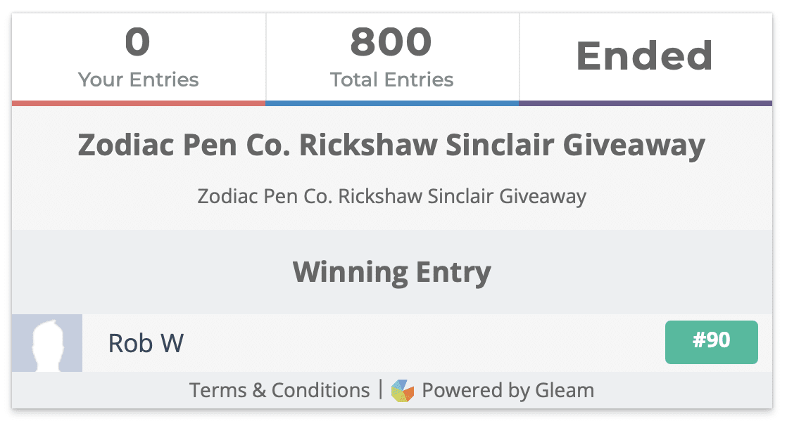Zodiac Pen Co. Rickshaw Sinclair Giveaway Winner
