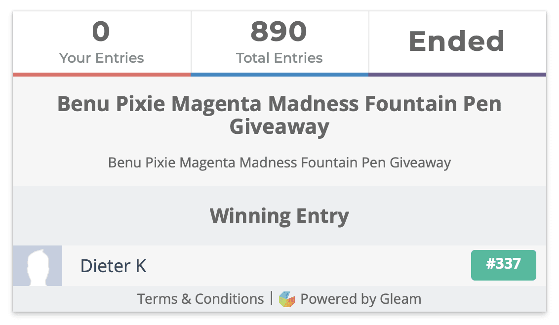 Benu Pixie Magenta Madness Fountain Pen Giveaway Winner