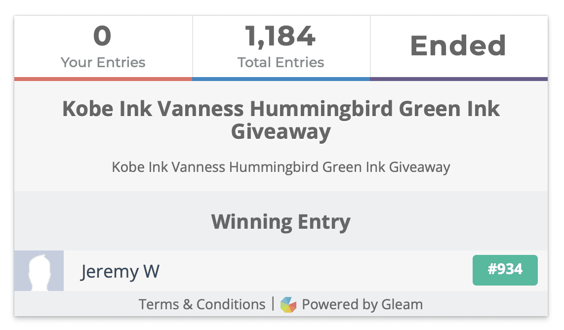 Kobe Ink Vanness Hummingbird Green Ink Giveaway Winner