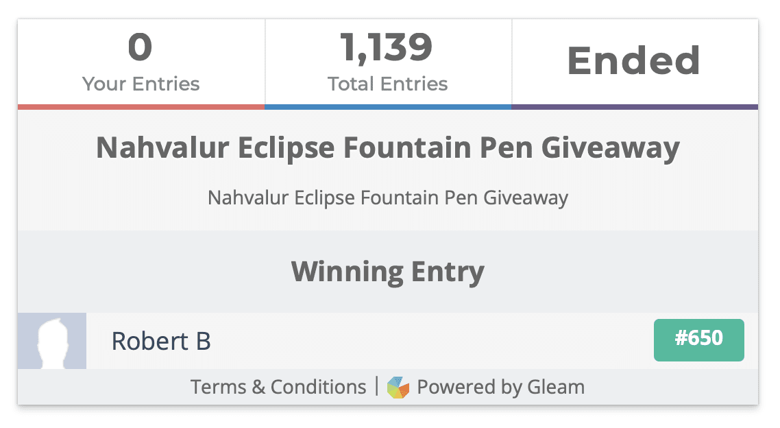 Nahvalur Eclipse Fountain Pen Giveaway Winner