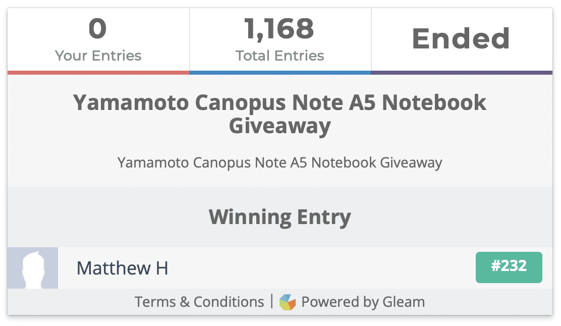 Yamamoto Canopus Note A5 Notebook Giveaway Winner