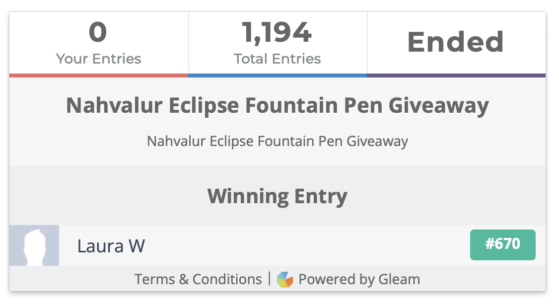 Nahvalur Eclipse Fountain Pen Giveaway Winner