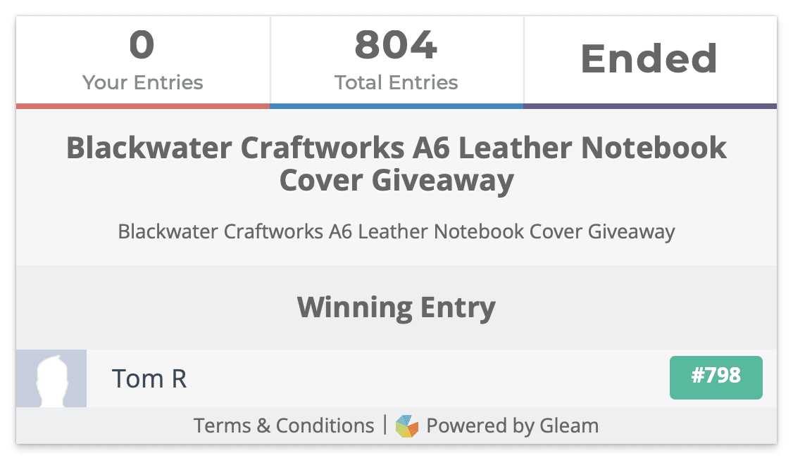 Blackwater Craftworks A6 Leather Notebook Cover Giveaway Winner