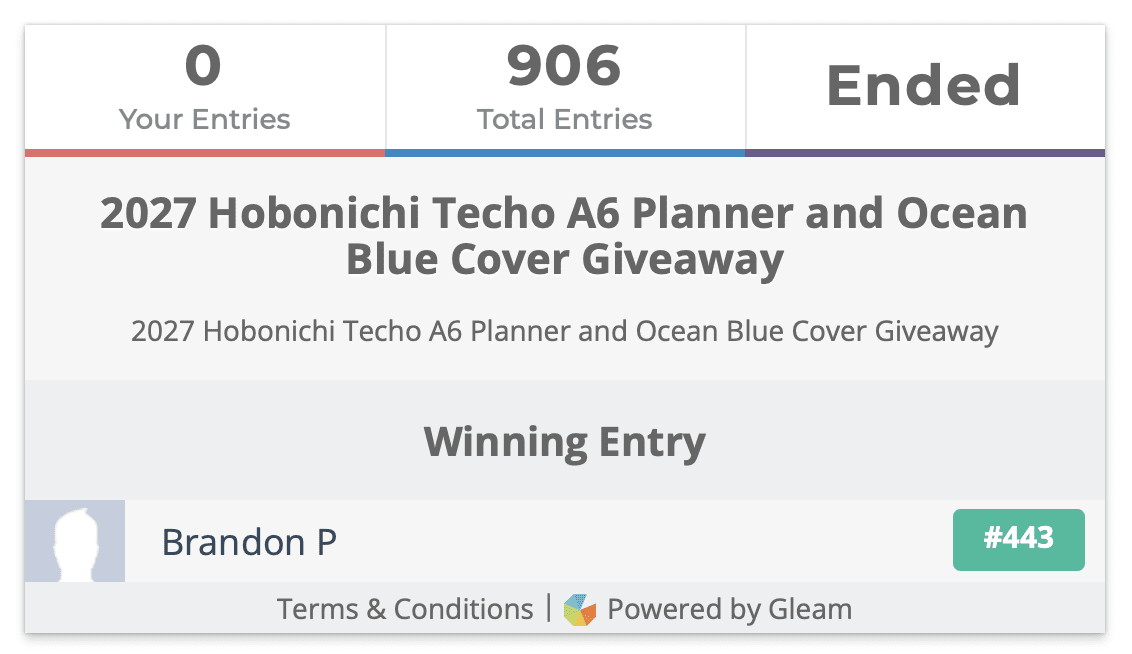 2027 Hobonichi Techo A6 Planner and Ocean Blue Cover Giveaway Winner