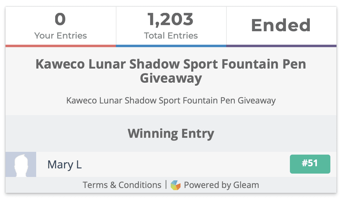 Kaweco Lunar Shadow Sport Fountain Pen Giveaway Winner