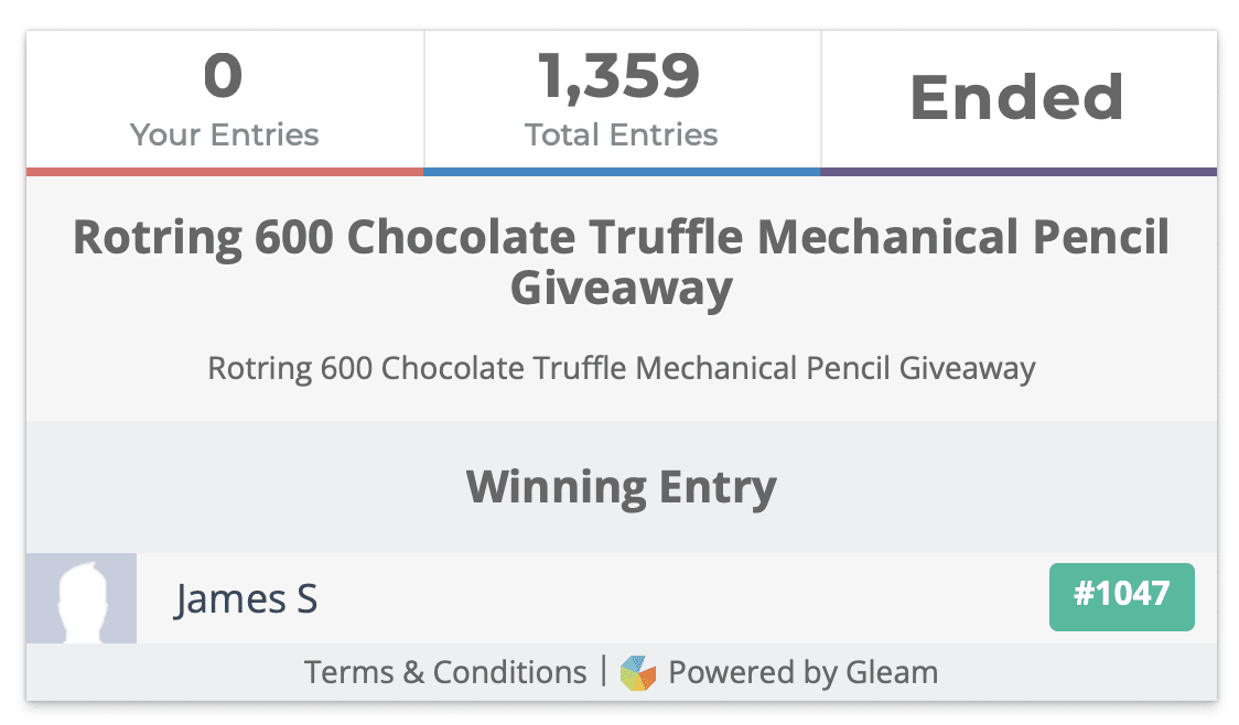 Rotring 600 Chocolate Truffle Mechanical Pencil Giveaway Winner