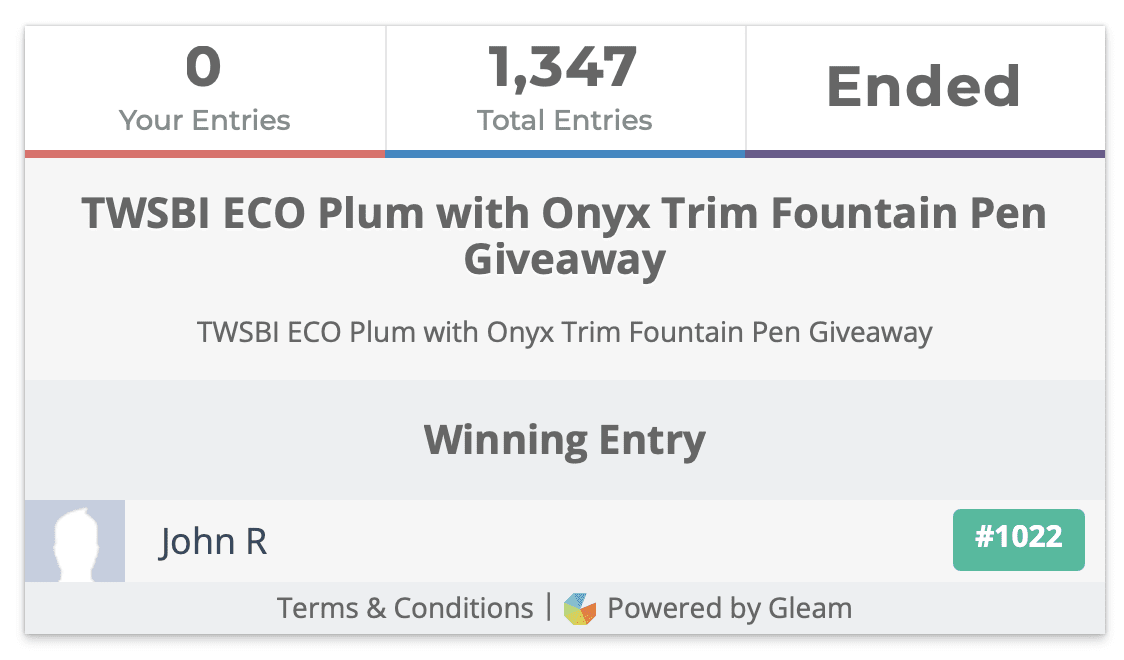 TWSBI ECO Plum with Onyx Trim Fountain Pen Giveaway Winner