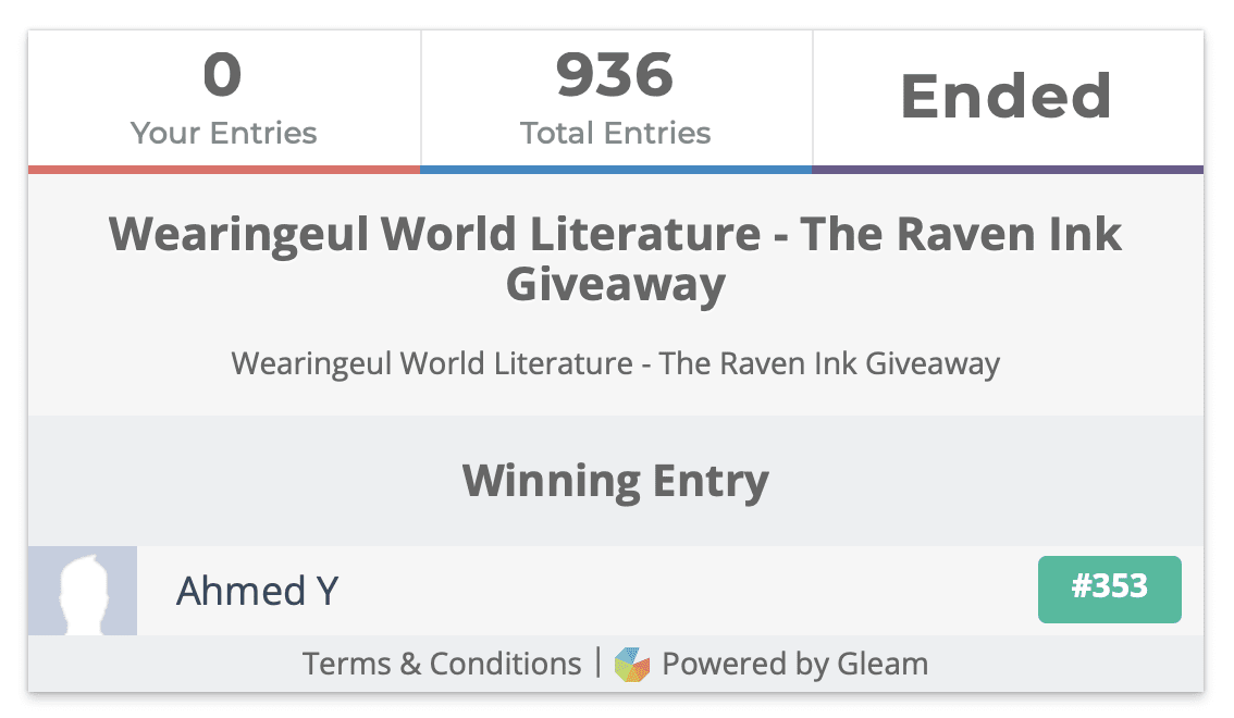 Wearingeul World Literature Series - The Raven Ink Giveaway Winner