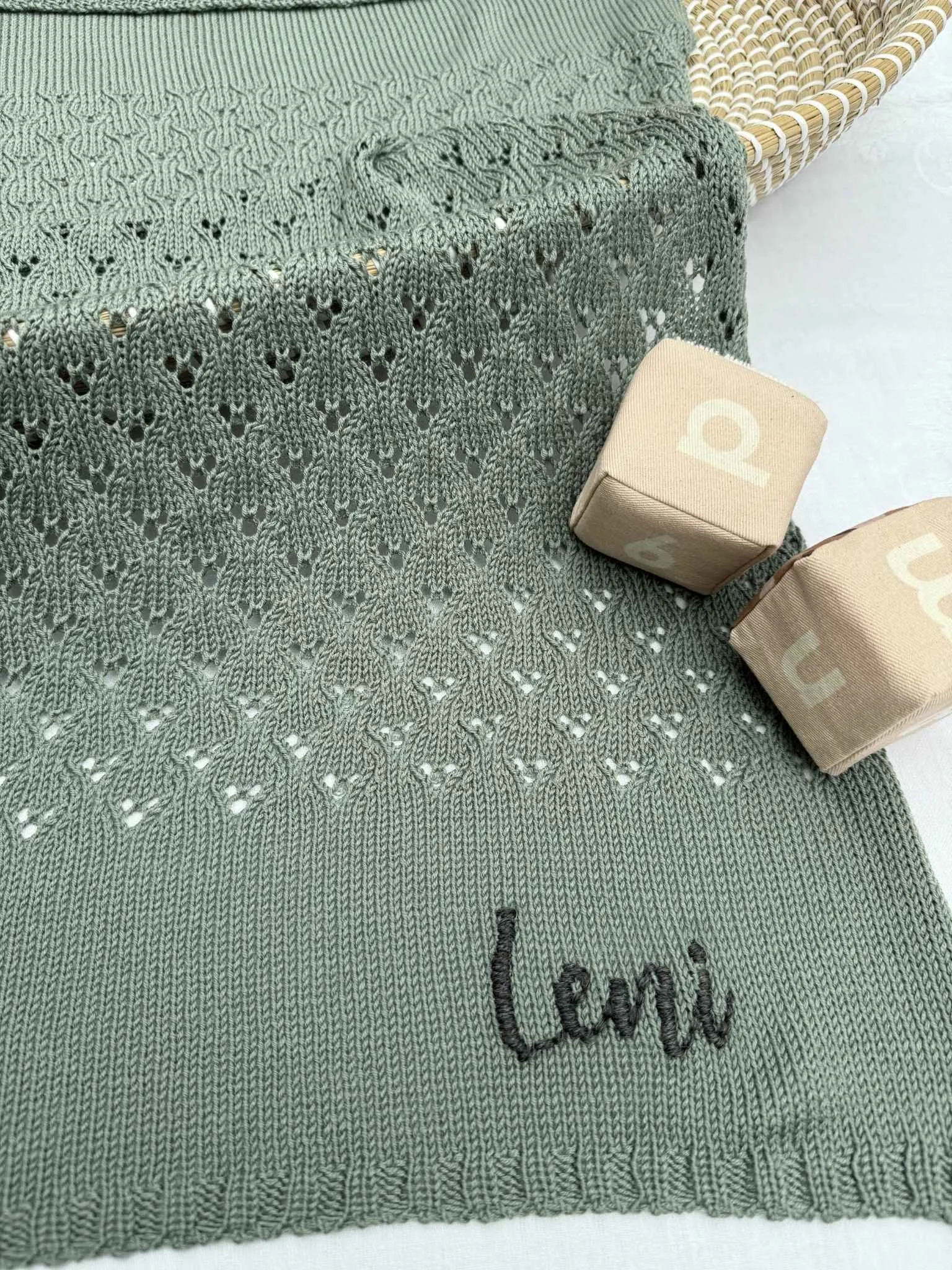 named lace baby blanket in green