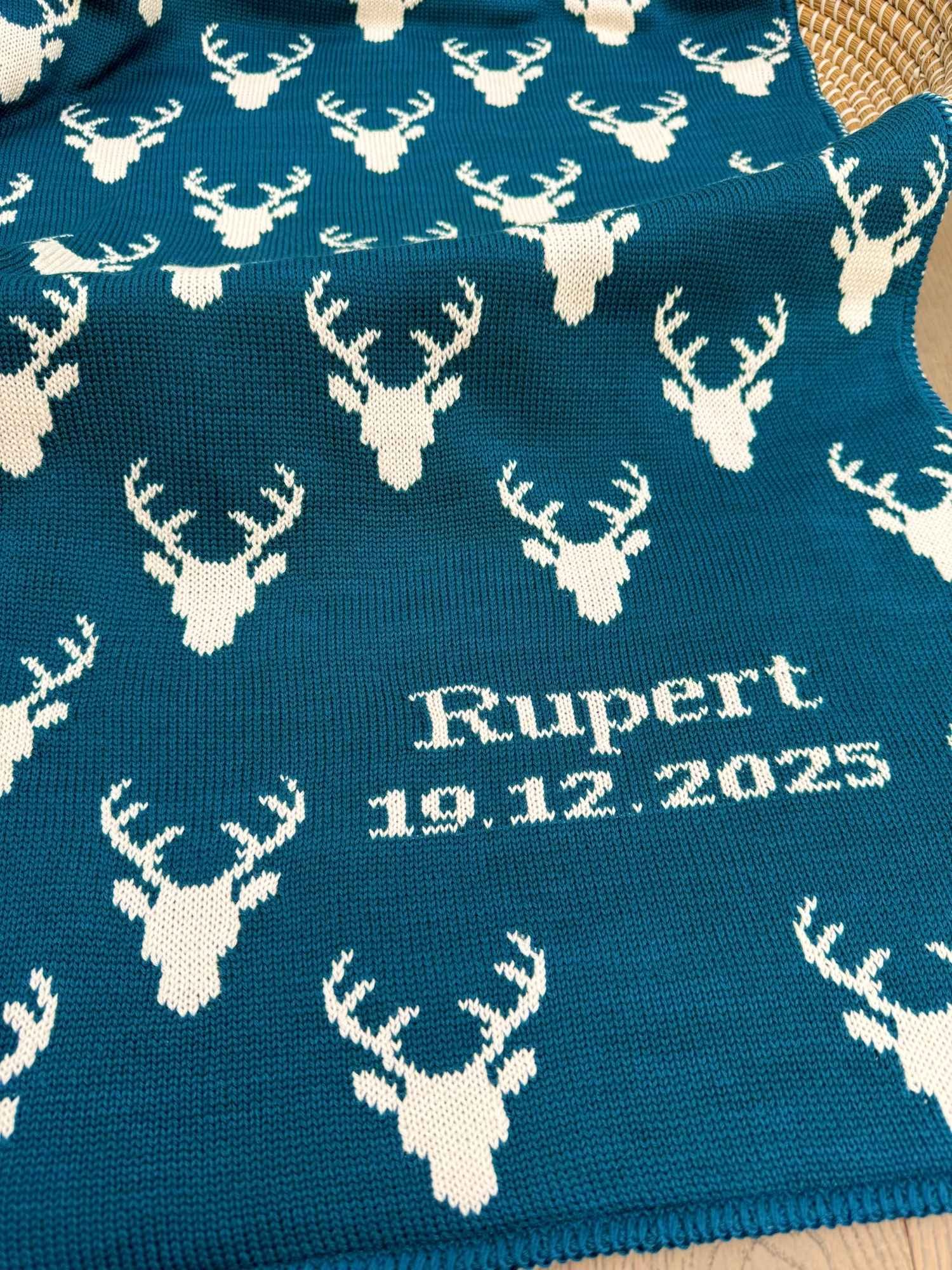 personalised stag blanket in petrol blue
