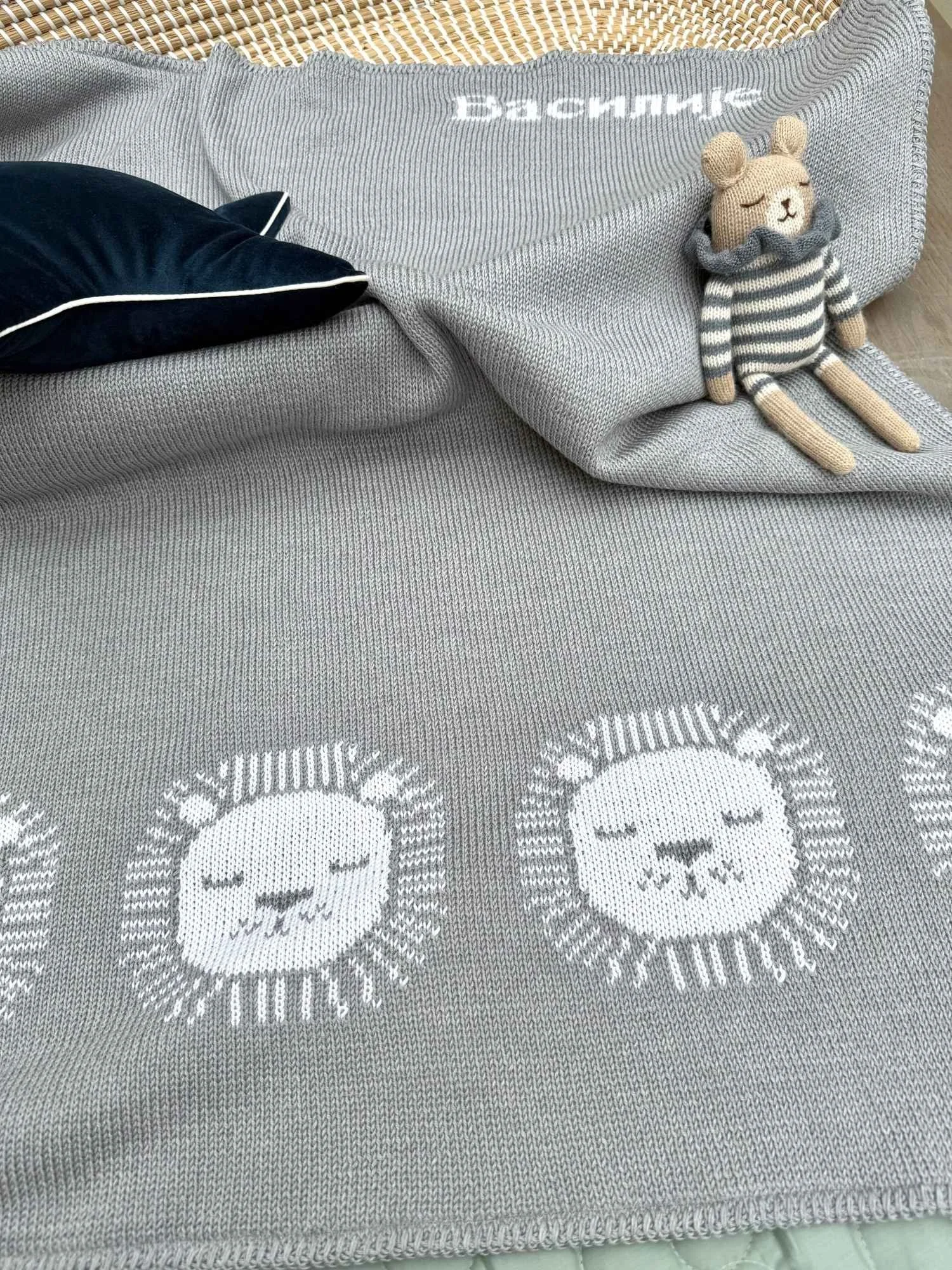 personalised grey lion baby blanket