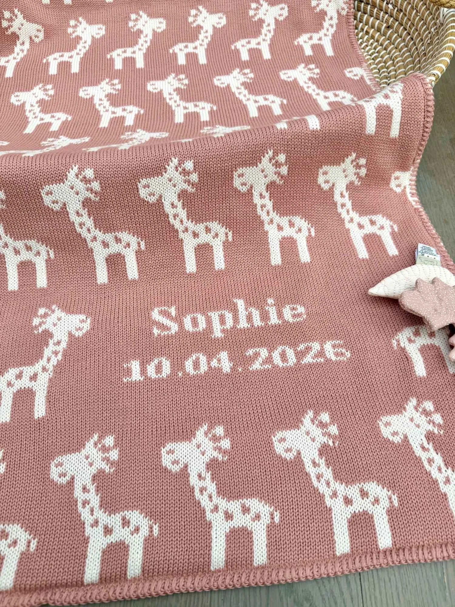 personalised pink giraffe baby blanket