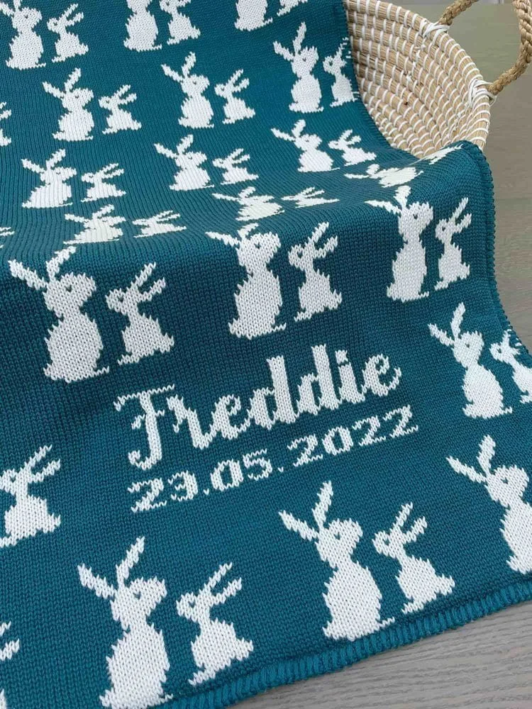 bunny blanket personalised in blue