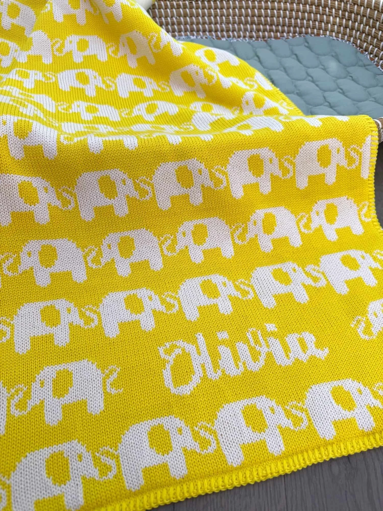 personalised elephant baby blanket in yellow