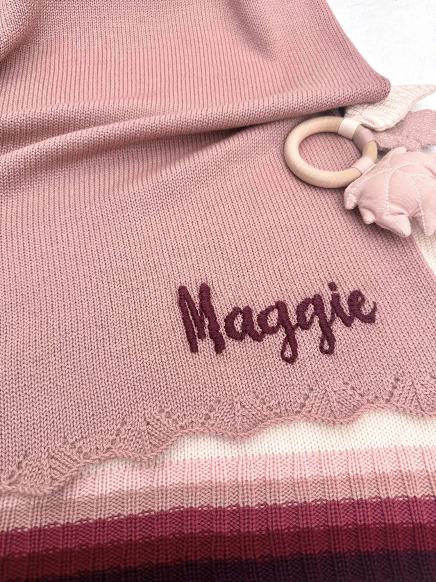 personalised pink scallop knit blanket for baby